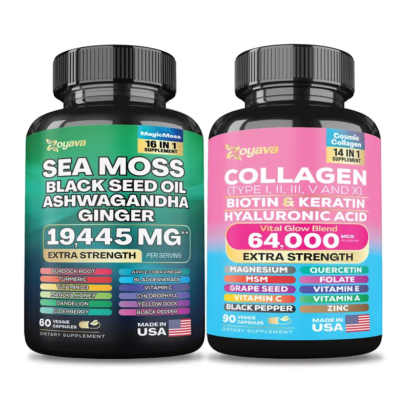 Radiant Wellness Bundle - Sea Moss Multivitamin & Cosmic Collagen Power Duo, All-In-One Formula, Extra Strength