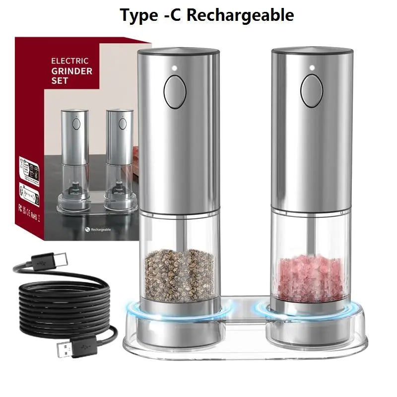 Electric Salt & Pepper Grinder Set, USB Rechargeable/Battery Powered Household Seasoning Grinder with Light, Portable Handheld Spices Grinder for Kitchen, Mother'S Day Gift, Seasoning Organizer, Seasoning Utensils, Kitchen Supplies & Utensils, No Battery