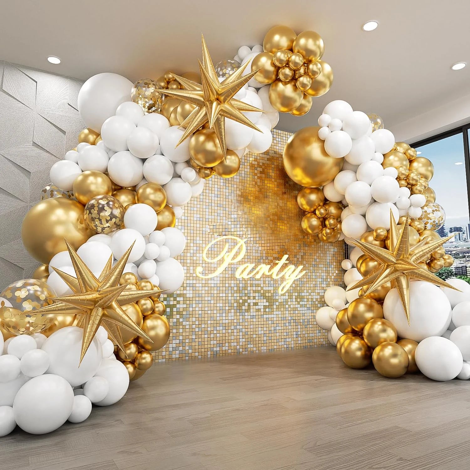 121Pcs White and Gold Balloons Garland Arch Kit with Starburst Foil Balloons for Wedding Anniversary Birthday Party Decorations