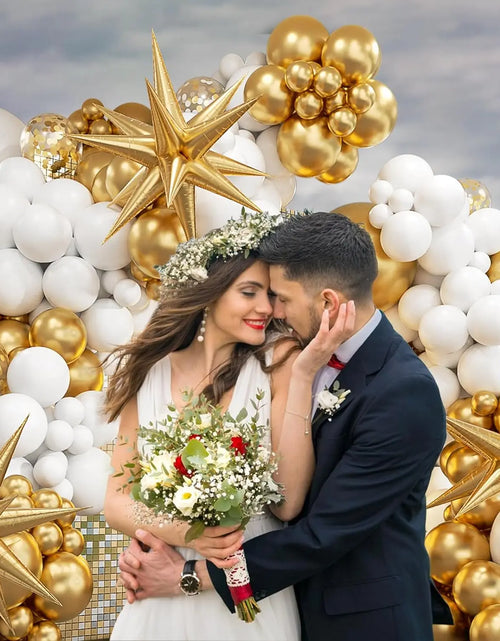 Load image into Gallery viewer, 121Pcs White and Gold Balloons Garland Arch Kit with Starburst Foil Balloons for Wedding Anniversary Birthday Party Decorations
