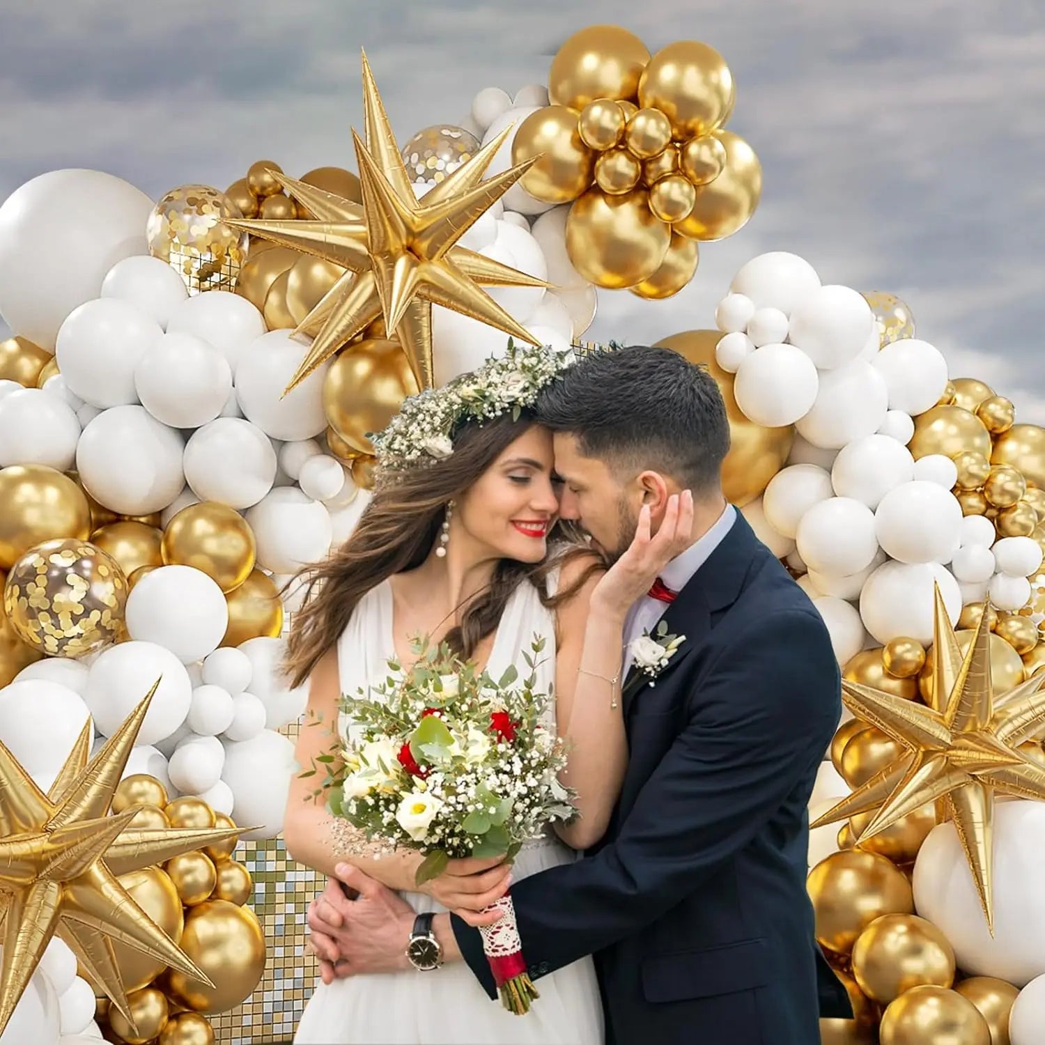 121Pcs White and Gold Balloons Garland Arch Kit with Starburst Foil Balloons for Wedding Anniversary Birthday Party Decorations