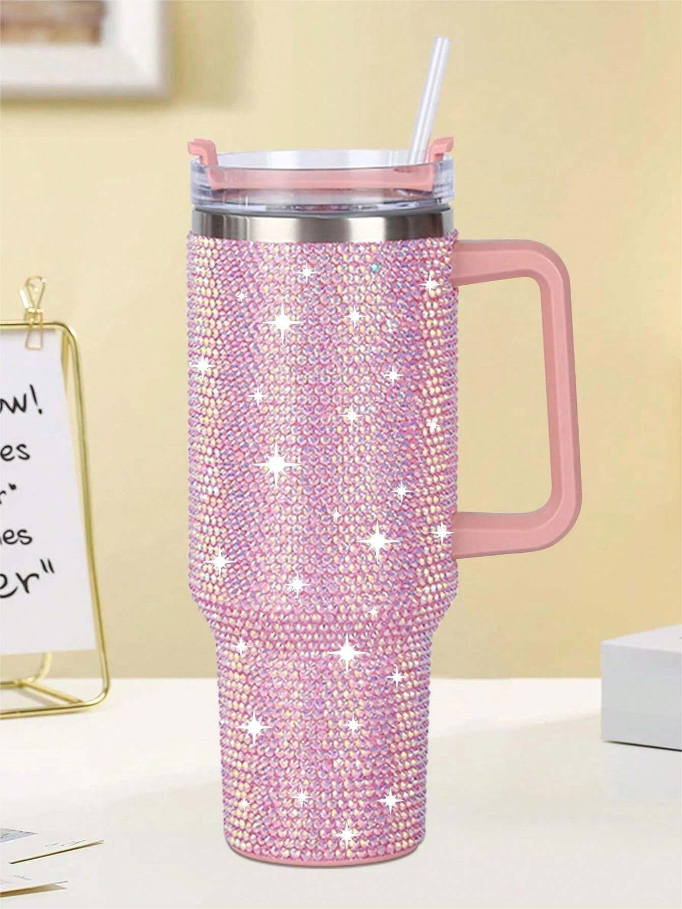 40Oz Stainless Steel Car Cup with Handle and Rhinestone Decoration, Vacuum Insulated and Comes with a Straw, 1Pc