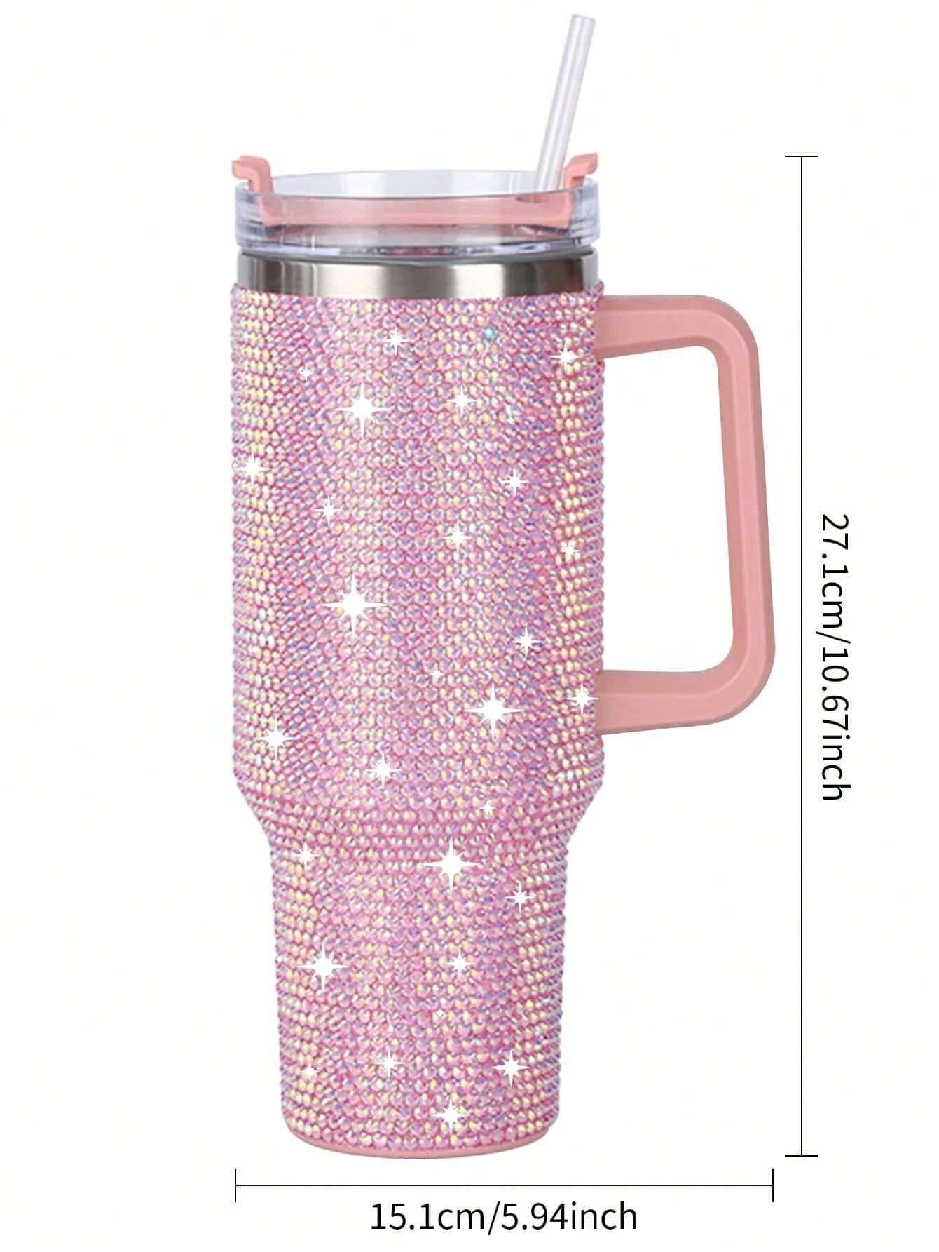 40Oz Stainless Steel Car Cup with Handle and Rhinestone Decoration, Vacuum Insulated and Comes with a Straw, 1Pc