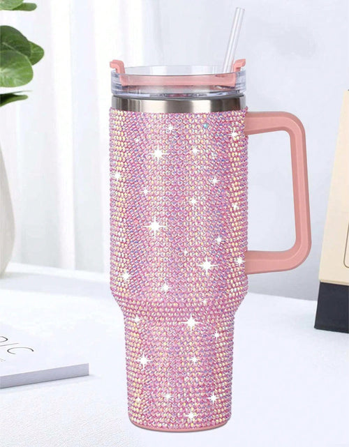 Load image into Gallery viewer, 40Oz Stainless Steel Car Cup with Handle and Rhinestone Decoration, Vacuum Insulated and Comes with a Straw, 1Pc
