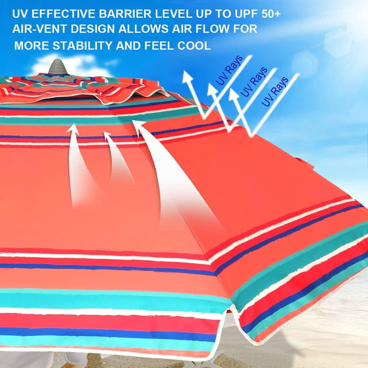 7Ft Heavy Duty Beach Umbrella UPF50+ with Sand Anchor & Tilt Sun Shelter & Carry Bag,Red