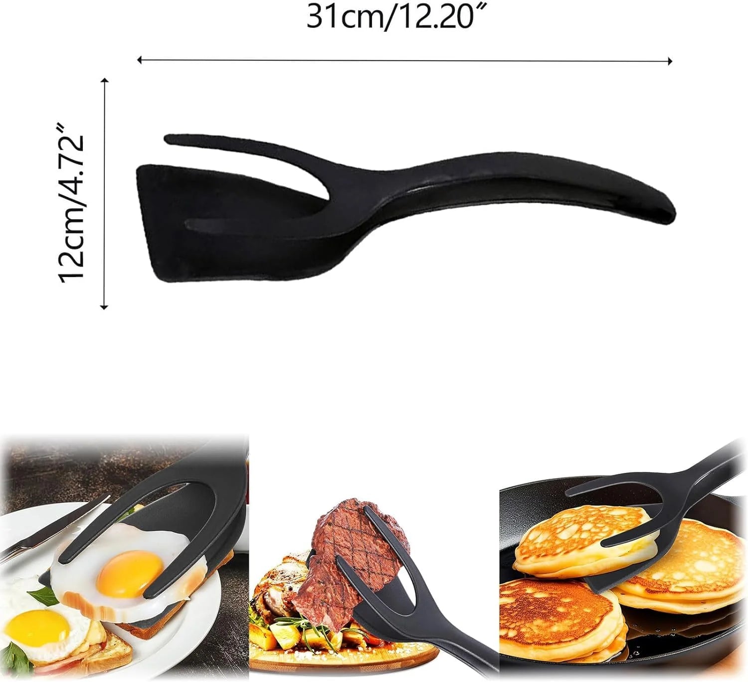 2 in 1 Grip and Flip Spatula Tongs,Egg Flipper Spatula,Fried Egg Spatula,Egg Pancake Fish French Toast Omelette Making, Home Kitchen Cooking Tool (Black)