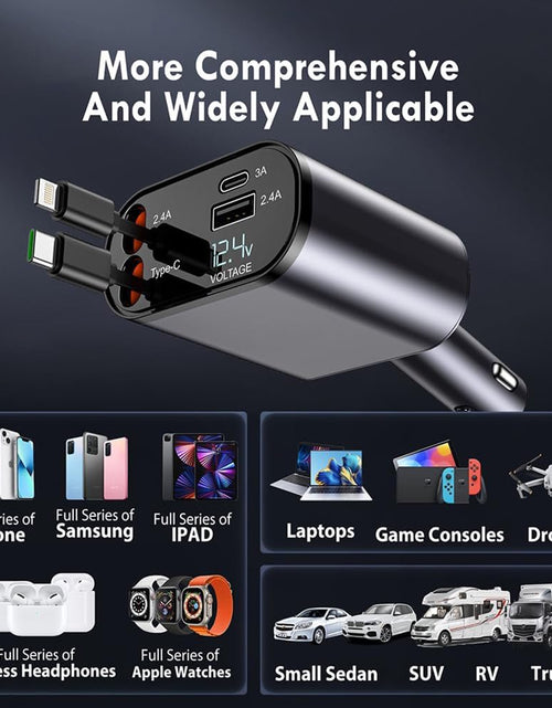 Load image into Gallery viewer, Retractable Car Charger,100W 4 in 1 Super Fast Charge Car Phone Charger,Retractable Cables (31.5 Inch) and 2 USB Ports Car Charger Adapter for Iphone 15/14/13/12 Pro Max Xr,Ipad,Samsung,Pixel
