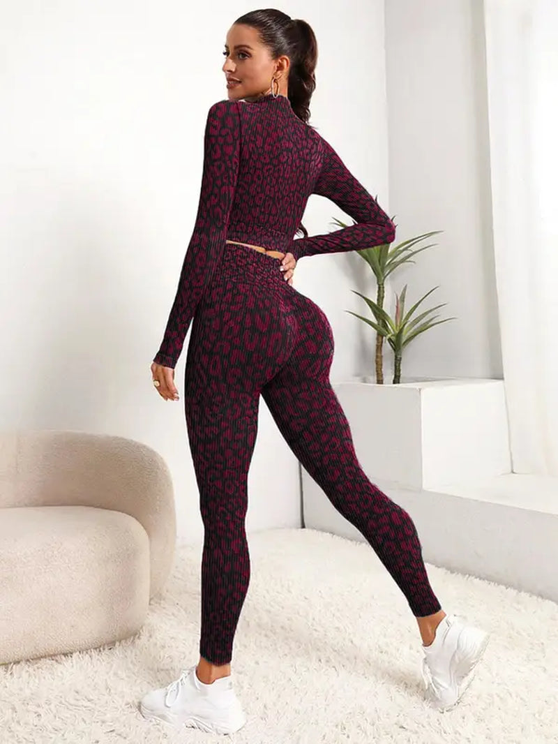 Women'S 2Pcs Spring Leopard Print Zip up Crop Top & High Waist Leggings Tracksuit Set, Sporty Casual Comfy Outfits for Yoga Gym Workout Running, Women Tracksuits for Spring & Fall