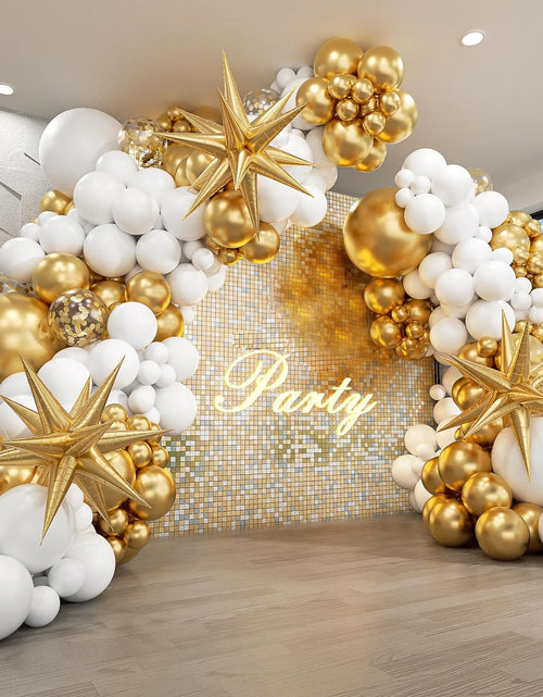 Load image into Gallery viewer, 121Pcs White and Gold Balloons Garland Arch Kit with Starburst Foil Balloons for Wedding Anniversary Birthday Party Decorations
