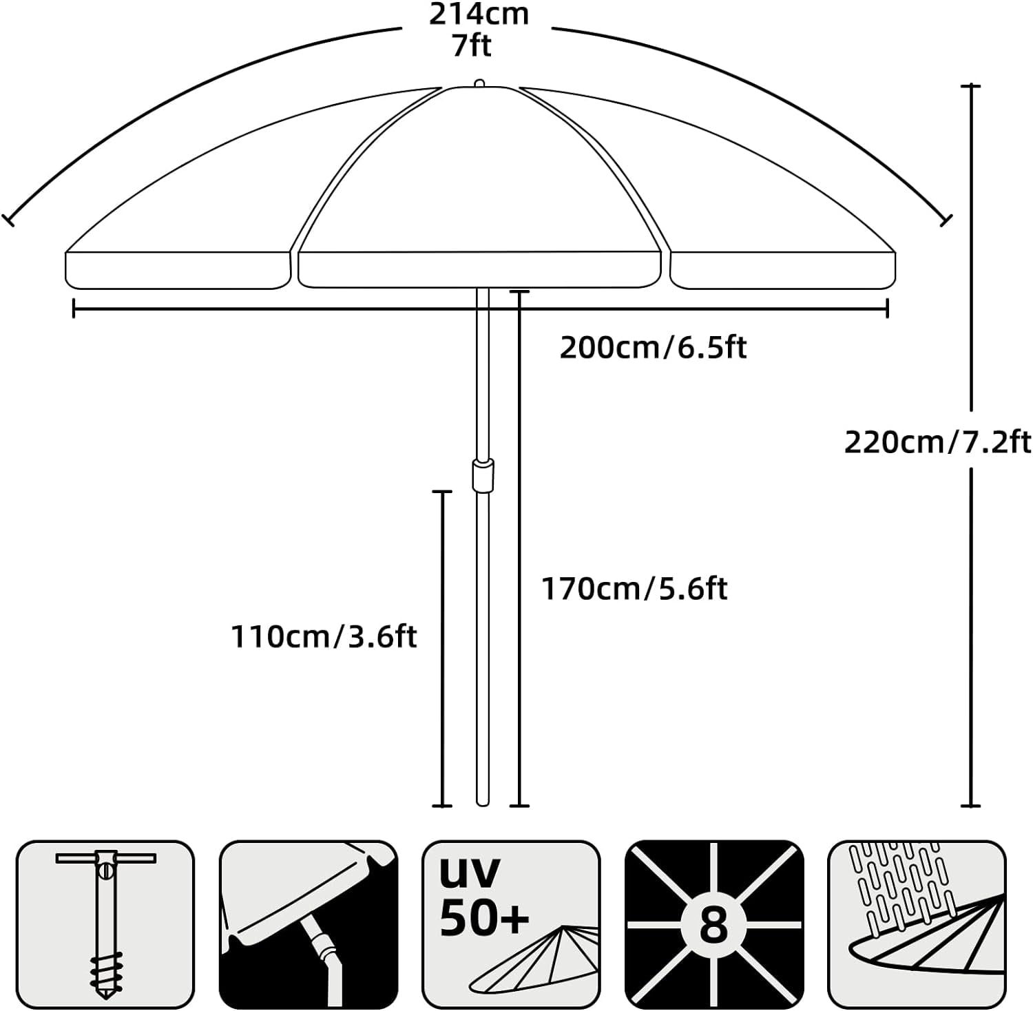 7Ft Heavy Duty Beach Umbrella UPF50+ with Sand Anchor & Tilt Sun Shelter & Carry Bag,Red