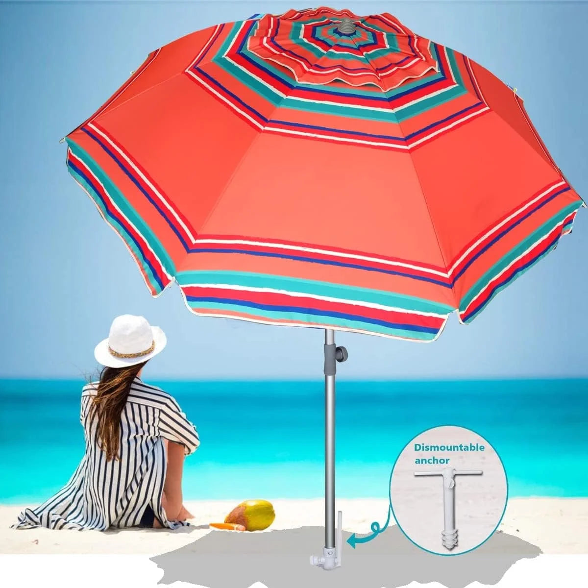 7Ft Heavy Duty Beach Umbrella UPF50+ with Sand Anchor & Tilt Sun Shelter & Carry Bag,Red