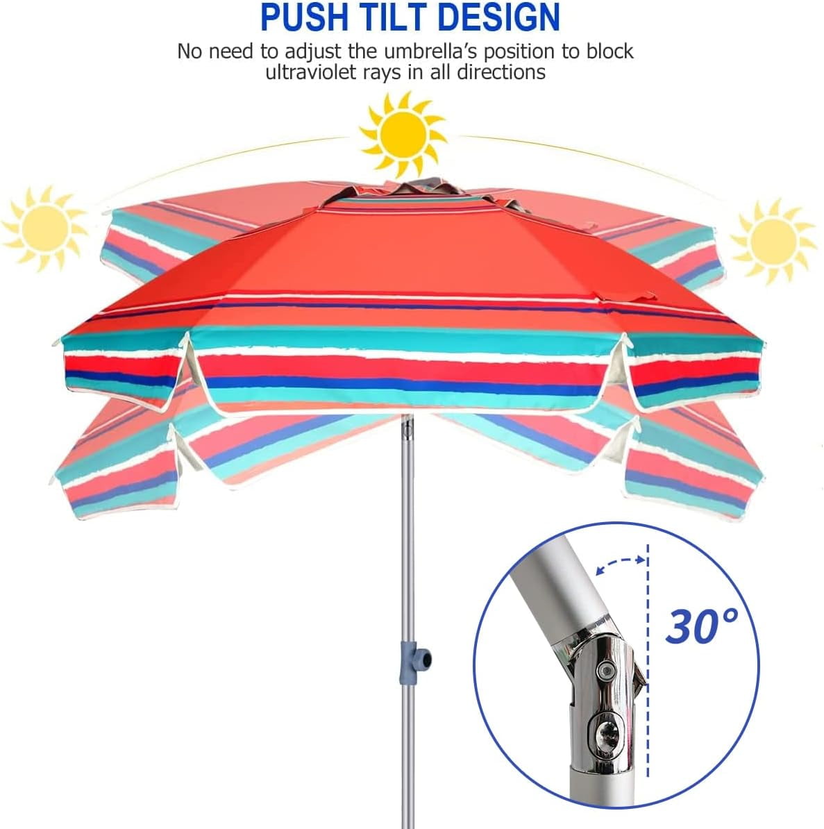 7Ft Heavy Duty Beach Umbrella UPF50+ with Sand Anchor & Tilt Sun Shelter & Carry Bag,Red