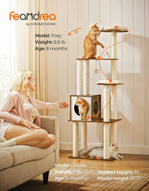 Load image into Gallery viewer, Woodywonders Cat Tree, 65-Inch Modern Cat Tower for Indoor Cats, Multi-Level Cat Condo with 5 Scratching Posts, Perch, Washable Removable Cushions, Cat Furniture, Rustic Brown UPCT166X01
