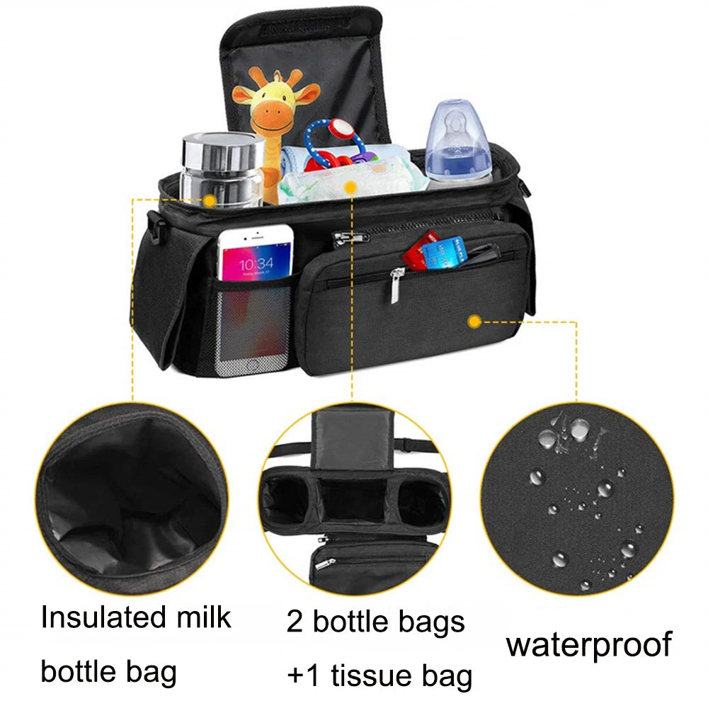 Universal Baby Stroller Organizer, with Insulated Cup Holder Detachable Phone Bag & Shoulder Strap, Fits and Pet Stroller