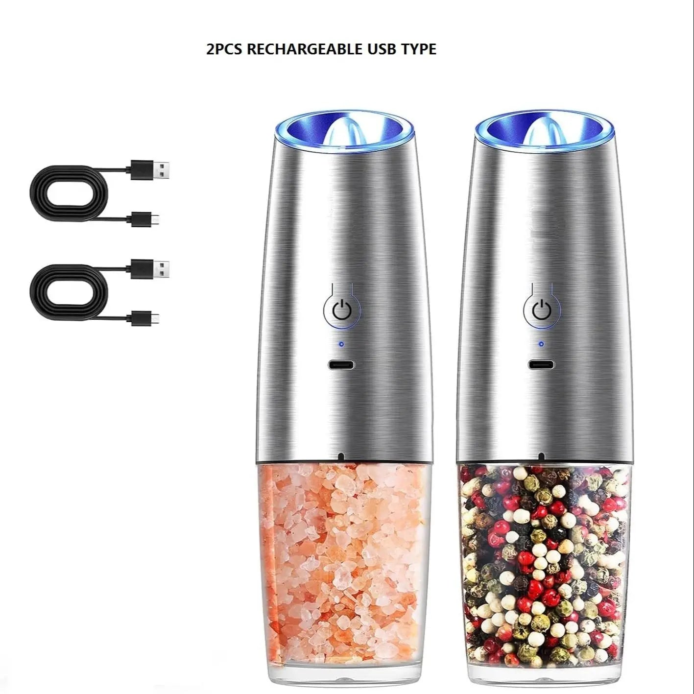 Electric Salt & Pepper Grinder Set, USB Rechargeable/Battery Powered Household Seasoning Grinder with Light, Portable Handheld Spices Grinder for Kitchen, Mother'S Day Gift, Seasoning Organizer, Seasoning Utensils, Kitchen Supplies & Utensils, No Battery