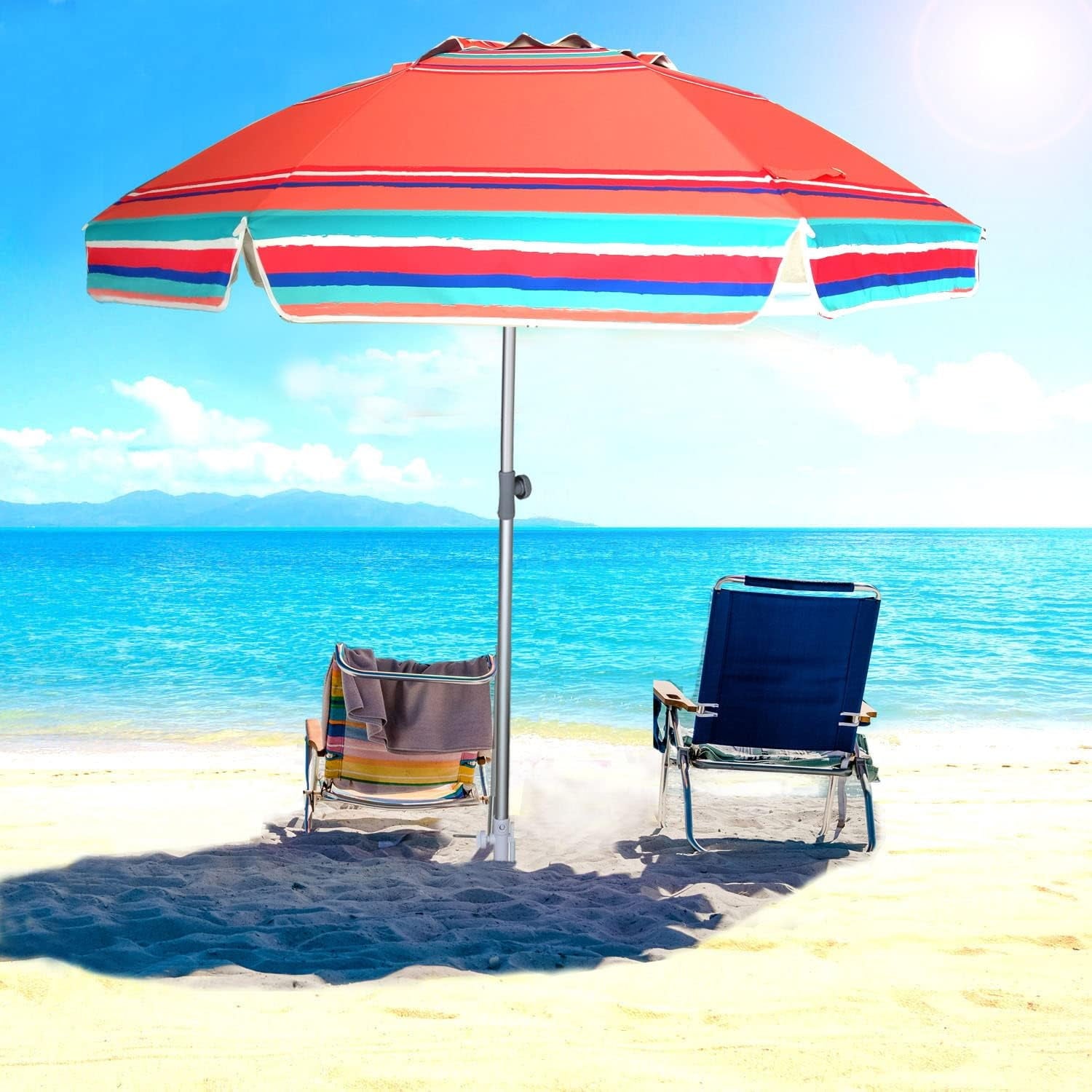 7Ft Heavy Duty Beach Umbrella UPF50+ with Sand Anchor & Tilt Sun Shelter & Carry Bag,Red