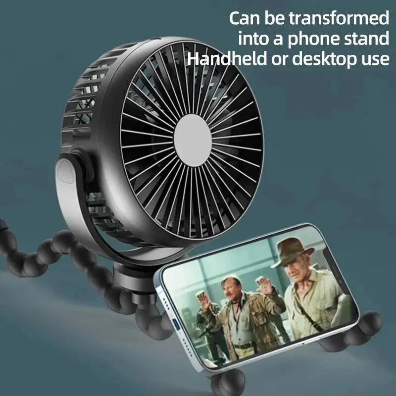 USB Desktop Folding Fan,Stroller Fan,3 Speeds Portable Battery Operated Mini Clip on Fan, 360° Rotate Flexible Tripod Outdoor F