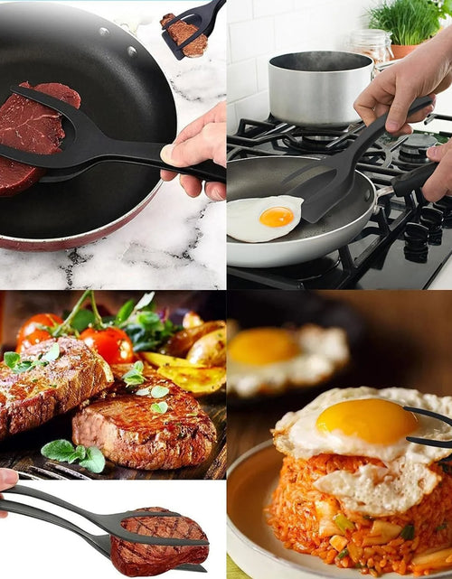 Load image into Gallery viewer, 2 in 1 Grip and Flip Spatula Tongs,Egg Flipper Spatula,Fried Egg Spatula,Egg Pancake Fish French Toast Omelette Making, Home Kitchen Cooking Tool (Black)
