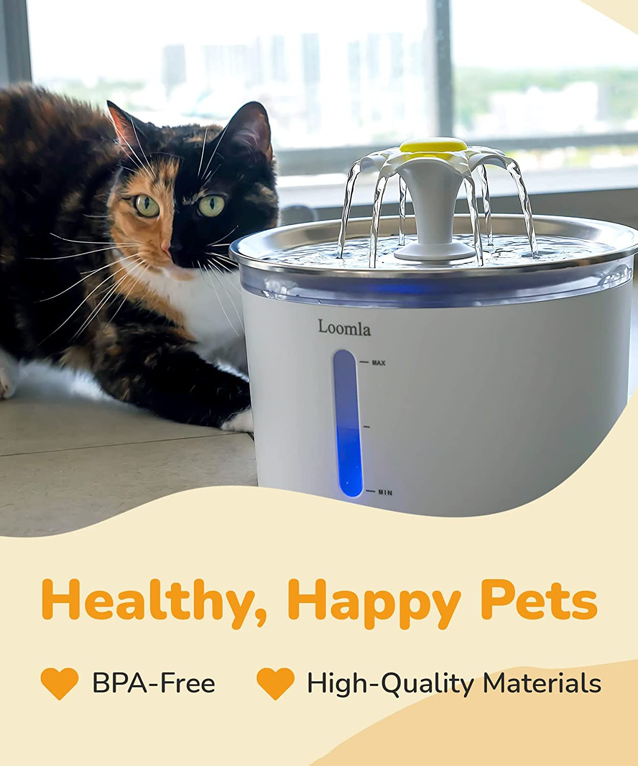 Cat Water Fountain, 85Oz/2.5L Pet Water Fountain Indoor, Automatic Dog Water Dispenser with Switchable LED Lights, 2 Replacement Filters for Cats, Dogs, Pets（Stainless Steel）