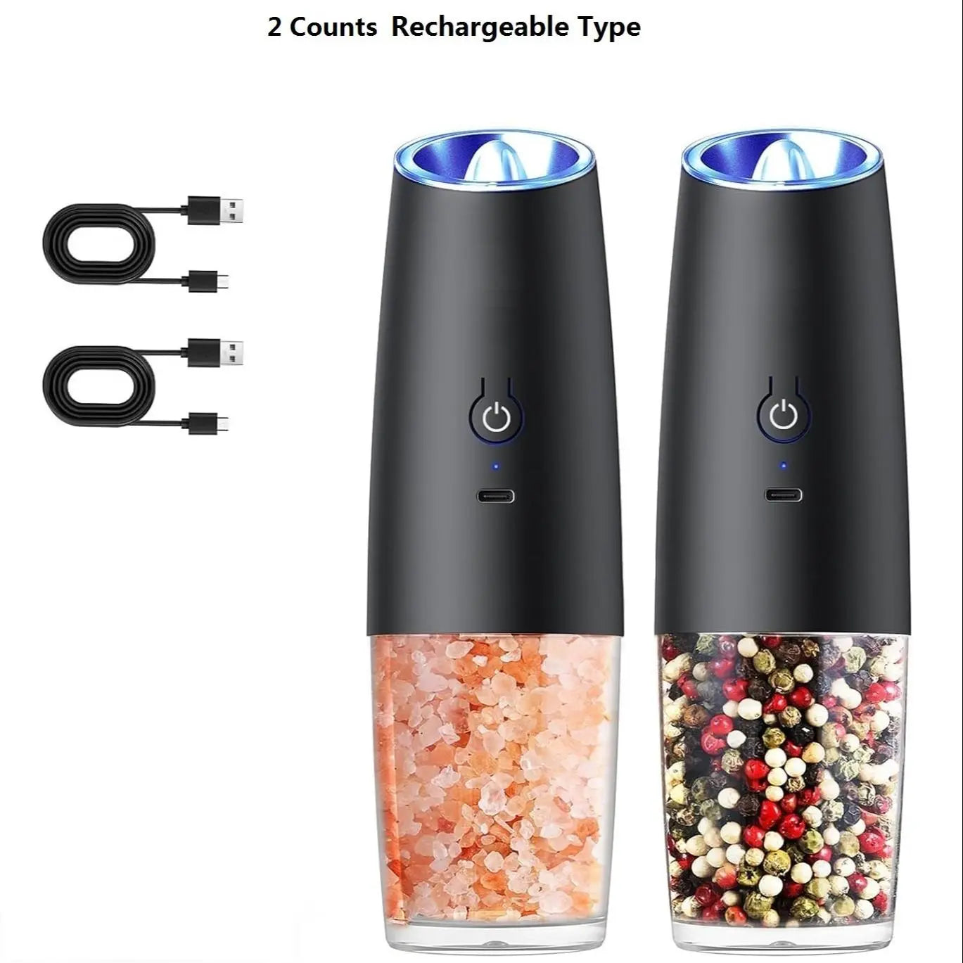 Electric Salt & Pepper Grinder Set, USB Rechargeable/Battery Powered Household Seasoning Grinder with Light, Portable Handheld Spices Grinder for Kitchen, Mother'S Day Gift, Seasoning Organizer, Seasoning Utensils, Kitchen Supplies & Utensils, No Battery